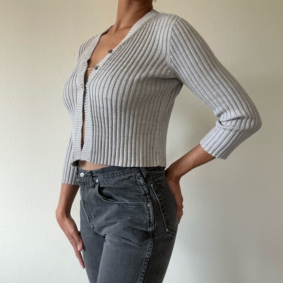 Women's Ribbed Gray Cardigan Sweater - Picture 5 of 6